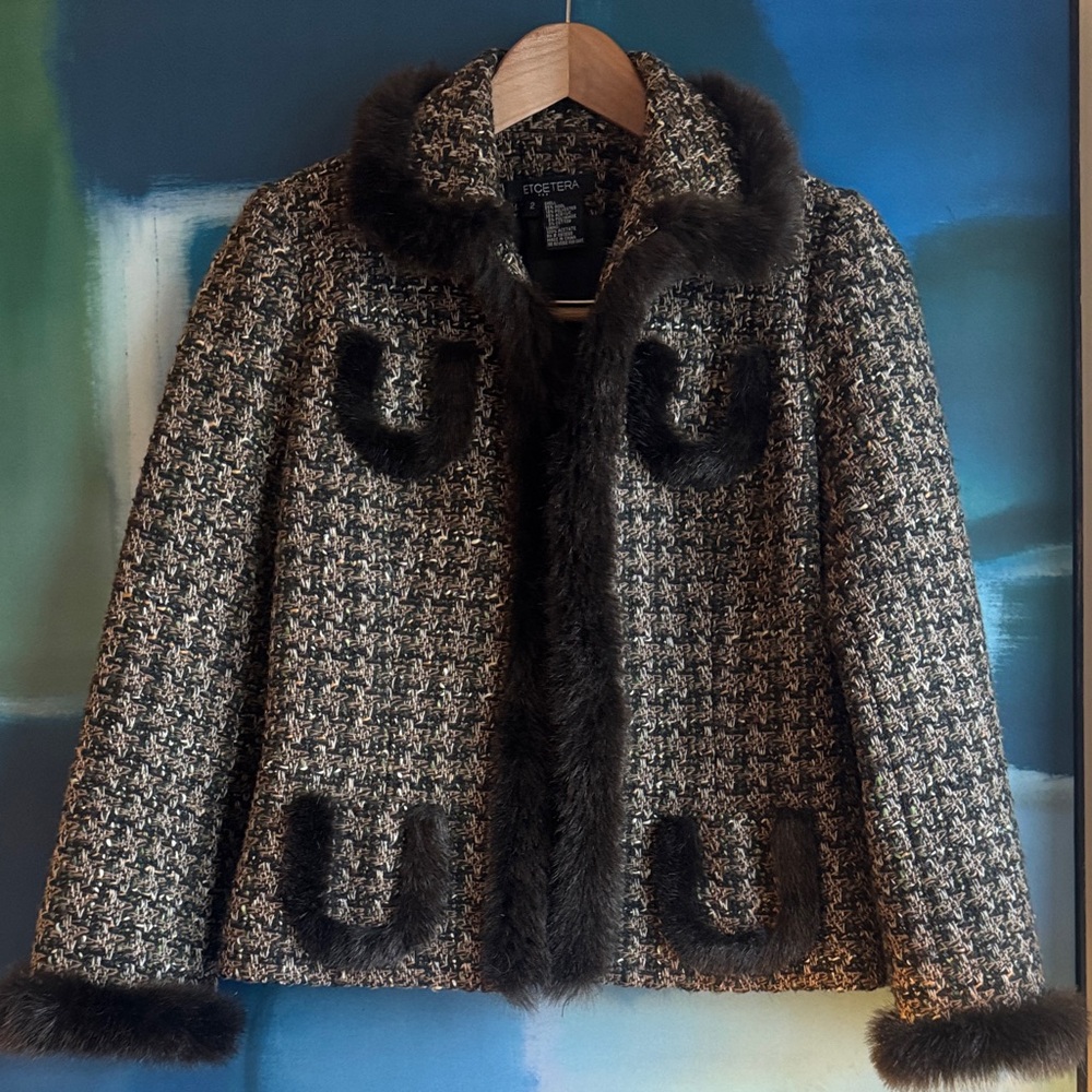 Etcetera faux fur trimmed tweed jacket sz 2